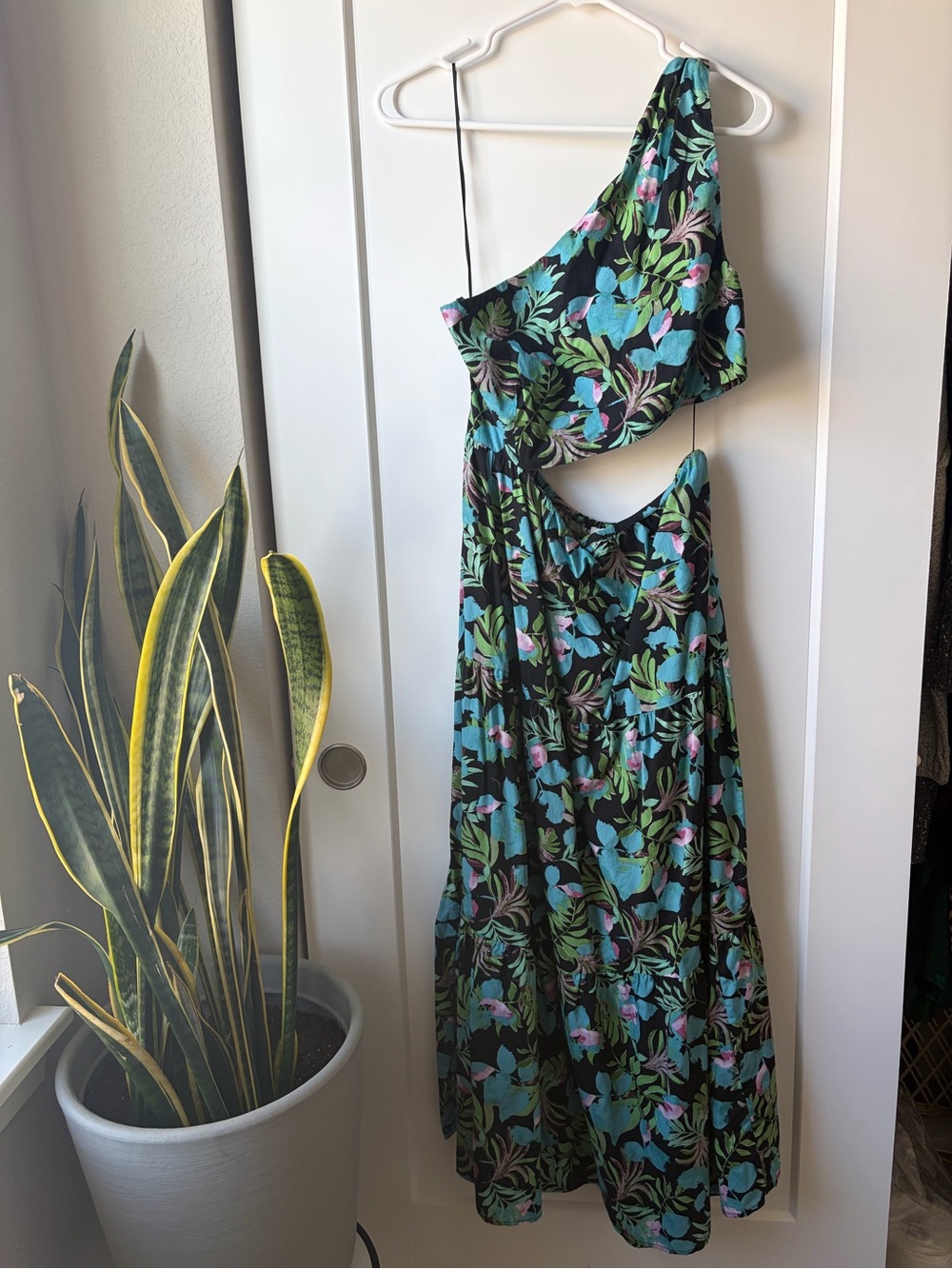 Moon River One-Shoulder Cutout Maxi Dress in Black with Aqua Florals